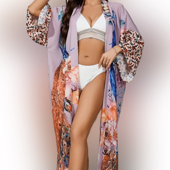 NEW Women Boho Kimono Peacock Print Long Sleeves Loose Fit With Beach Cover Up - Picture 5 of 9